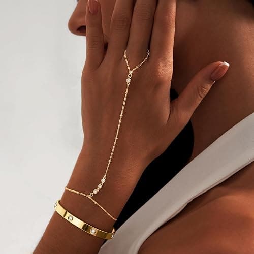 My Queen Gold Bracelets for Women 14K Gold Plated Dainty Stackable Hand Chain Bracelet Trendy Ring Chain Bangle Cuff Bracelets Adjustable Body Jewelry Set Gifts thumbnail 3