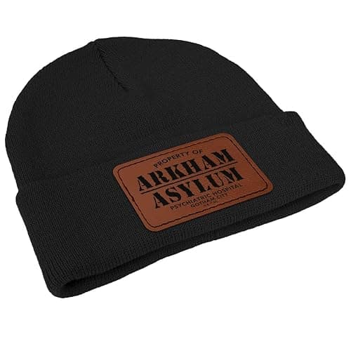 Batman Property of Arkham Asylum Unisex Rectangle Leather Patch Knit Beanie with Folded Cuff, Black thumbnail 2