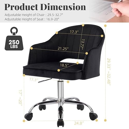 MOJAY Modern Vanity Chair with Wheels, Mid-Back Cutout Velvet Home Office Chair, Swivel Height-Adjustable Soft Seat Cute Desk Chair with Arm Support (Midnight Black) thumbnail 2