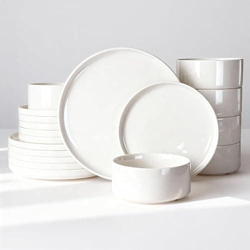 Famiware Porcelain Dinnerware Set, 18-Piece Modern Plate and Bowl Set, dish set for 6, Microwave and Dishwasher Safe Tableware, White - Image 1