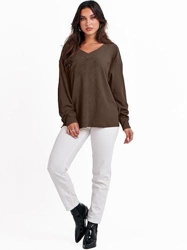 ANRABESS Oversized Long Sleeve Shirts for Women Off the Shoulder Sweatshirt Loose V Neck Tunic Tops High Low Sweater 2025 thumbnail 7