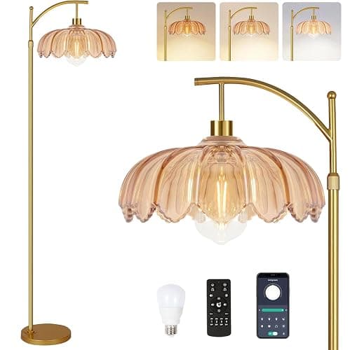 ILLMTW Gold Floor Lamp for Living Room,Bedroom,Mid Century Modern Standing Lamp with Remote,Dimmable Brass Tall Lamp Amber Glass Lamp Vintage Retro Arc Floor Lamps Flower Floor Light Boho Bohemian - 8-Floor Lamp - Image 1