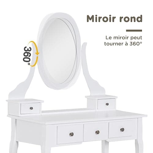 HOMCOM Coiffeuse avec Miroir et Tabouret 5 tiroirs Table de Maquillage avec Pieds en Bois de pin Massif 80 x 40 x 140cm Blanc thumbnail 5