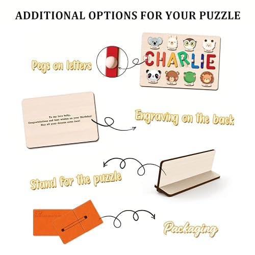AZUFEMOS Personalized Name Puzzle for Kids, Personalized Baby Gifts Custom Name Puzzles for Toddlers 1-3 Animal Puzzle, Customized 1st Birthday for Girls & Boys Wooden Puzzle Montessor Toys for Kids - Animal Name Puzzle thumbnail 5