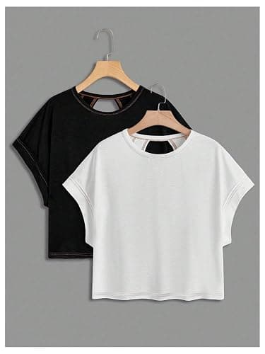 RoseSeek Girl's 2 Packs Open Back Backless Tops Criss Cross Short Sleeve T Shirts Crewneck Casual Tees thumbnail 2