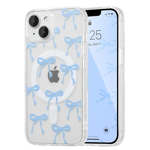 UEEBAI Magnetic for iPhone 14 & iPhone 13 Case, Bow Case Compatible with MagSafe, Wireless Slim Clear Ribbon Phone Cover Anti-Yellowing Shockproof Protective Cover for Women Girl - Baby Blue - Baby Blue - iPhone 13/14