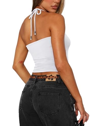 REORIA Women's Sexy Halter Backless Double Lined Tank Top Y2k Trendy Camisole Crop Tops thumbnail 2