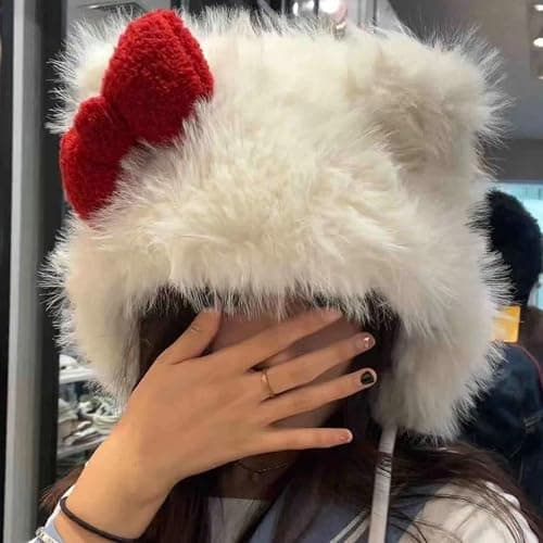 Cute Plush Hat White Cat Ear Bowknot Hat for Women Cartoon Winter Thickened Anti-Freezing Faux Fur Hats with Pom Earflap thumbnail 5