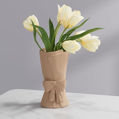 Relexome Beige Ceramic Bow Vase 9.64 in Unique Cute Modern Decorative Bouquet Flower Vases for Home Living Room Table Decor Women Girl Gifts thumbnail 7