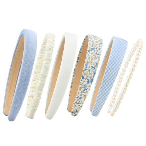 DOXISHRUKY Fashion Headbands Set, 6pcs Pearl Floral Padded Wide Vintage Headbands for Women and Girls (Blue) - Blue thumbnail 2