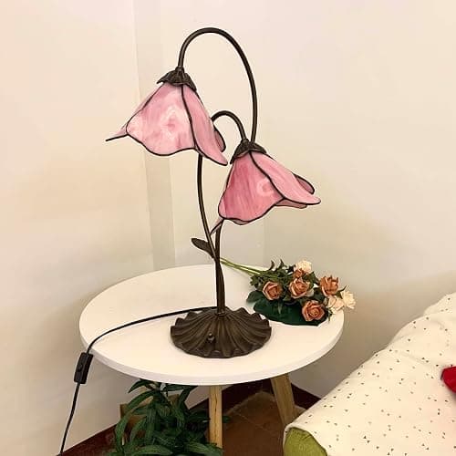 Bieye L10811 Flower Tiffany Style Stained Glass Table Lamp with 8-inch Wide Bent Glass Lampshade Lily Pad Base (2-Light, Pink) thumbnail 5