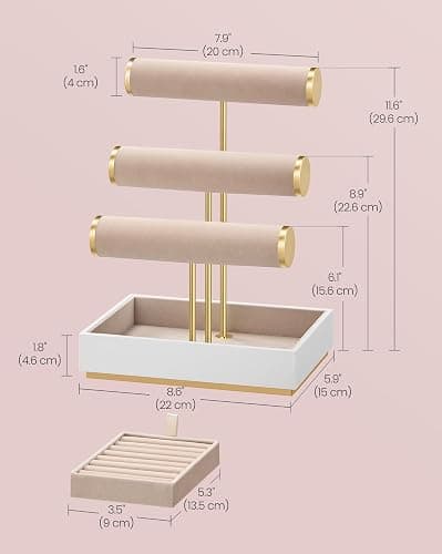 SONGMICS Bracelet Holder Stand, Jewelry Display Stand, Jewelry Organizer, with 3 Tiers and Velvet Tray, Removable Ring Holder, Cloud White and Camel Brown UJJS027A01 thumbnail 3