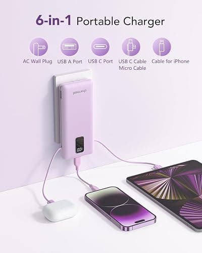 charmast Portable Charger with Built-in Cables & Wall Plug, 10000mAh Portable Power Bank, External Battery Pack Travel Essentials Compatible with iPhone 16/15/14/13, Samsung, iPad etc thumbnail 2
