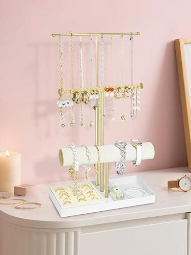 Jenseits 3-Tier Jewelry Holder Organizer:17.1" Adjustable Hanger, Velvet Ring Tray, Metal Aesthetic Display Stand for Necklaces, Earrings, Bracelets, Watches, Gold Jewelry Storage Tower Tree for Women thumbnail 2