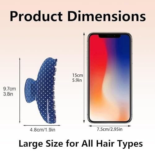 Acetate Hair Claw Clip for Women, 3.8-Inch Blue Polka Dot Big Hair Clips Strong Hold No Slip Claw Clips for Thick or Thin Hair, Includes 2 Black Satin Scrunchies thumbnail 3