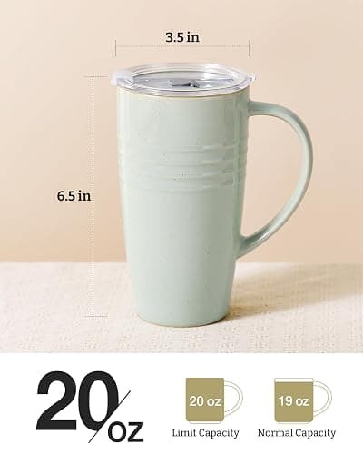famiware Jupiter Large Coffee Mug, 20oz Coffee Mug with Lid, Ceramic Mugs Set of 2, Cup Set with Handle for Latte, Tea, Cocoa, Milk, Home & Office, Microwave and Dishwasher Safe, Light Green thumbnail 3