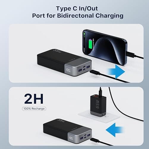 Portable Power Bank 20000mAh, JUOVI 35W Cargador portátil, batería de Carga rápida, PD3.0 QC4.0 batería Externa del teléfono con Pantalla LED para el iPhone 16 15, Galaxy, Tablet, Switch, etc thumbnail 5