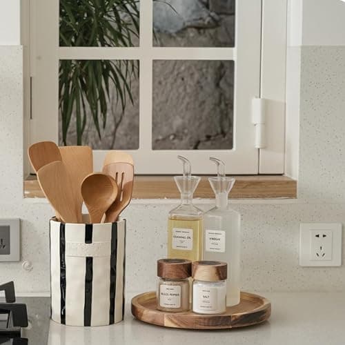 JIEMEI HOME Kitchen Utensil Holder, 7.2" Ceramic Stable Utensil Crock for Countertop, Modern Minimalism Style Cooking Tool Organizer with Cork Mat, Spatula Holder For Kitchen Decor, Black stripes thumbnail 4