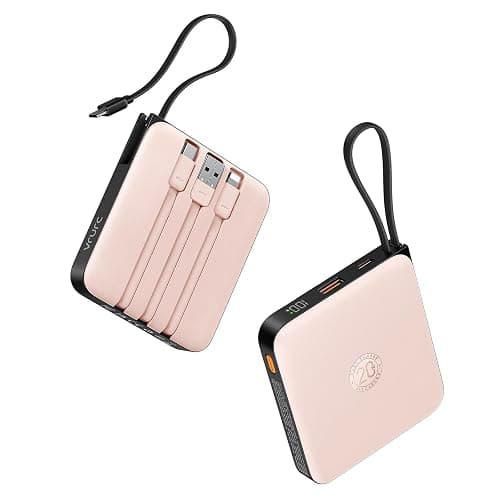 VRURC Mini Portable Charger, 22.5W USB C Fast Charging 10000mAh Pocket Power Bank with Built-in Cable, Battery Pack for iPhone 16 15 14 13 Samsung Galaxy S23 S22 Google Android, Pink(1 Pack) - Image 1