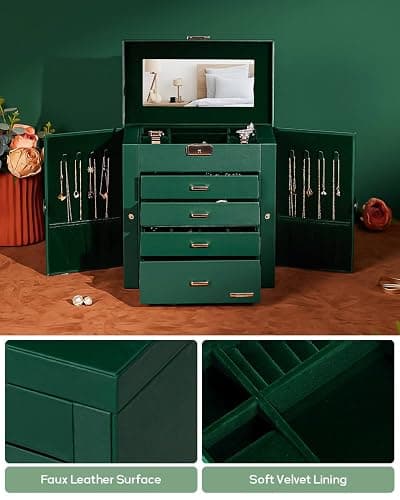 Homde Synthetic Leather Huge Jewelry Box Mirrored Watch Organizer Necklace Ring Earring Storage Lockable Gift Case (Forest Green + Gold) thumbnail 7