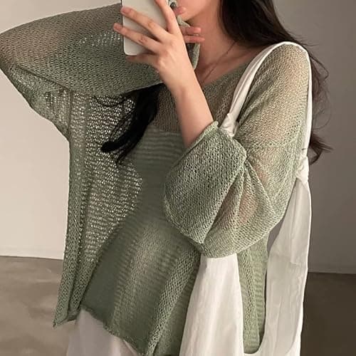 Sumleno 2025 Fairycore Cottagecore Clothing Fairy Grunge Aesthetic Crochet Top for Women Knitted Hollow Out Sweater Pullover - One Size - Green thumbnail 3