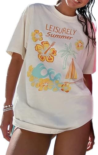 Womens Teens Oversized Graphic Tshirts Y2k Flower Fruit Vintage Tees Beach Surfer Casual Short Sleeve T-Shirts - Image 1
