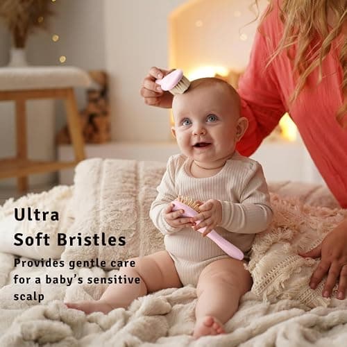 FUNFUSHKA Baby Hair Brush Set for Newborns - Baby Brush and Comb Set - Ultra Soft Goat Hair Bristles, Perfect for Cradle Cap, Newborn Showers & Registries Gift, Comb Brush for Girls & Boys (Rosa) thumbnail 3