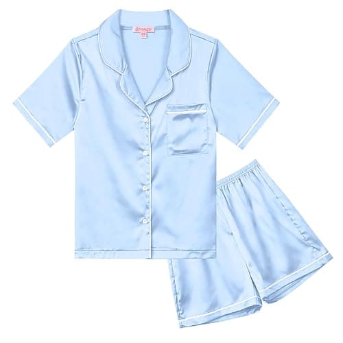 QPANCY Kids Satin Pajamas Sets Baby Boy Girl Button-Down Silk Sleepwear 2 Piece Short Sleeve Loungewear Clothes Set