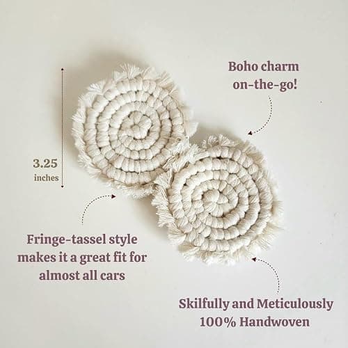 Cotton Car Coasters for Cup Holders, 2PC Car Cup Coasters, Drink Coaster Holder, Cute cupholder Coaster Accessories for Women, Macrame, Boho (Vanilla White) - Vanilla White thumbnail 6