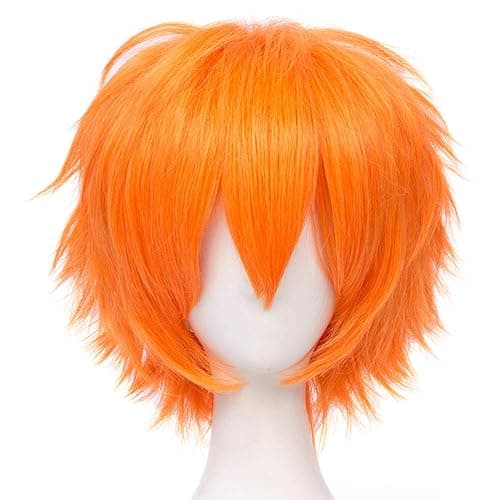LABEAUTÉ Short Bright Orange Anime Cosplay Wig Male Men Anime Layered Unisex Heat Resistant Hair Wig with Bangs for Party and Halloween for Gift + Free Cap - Image 1
