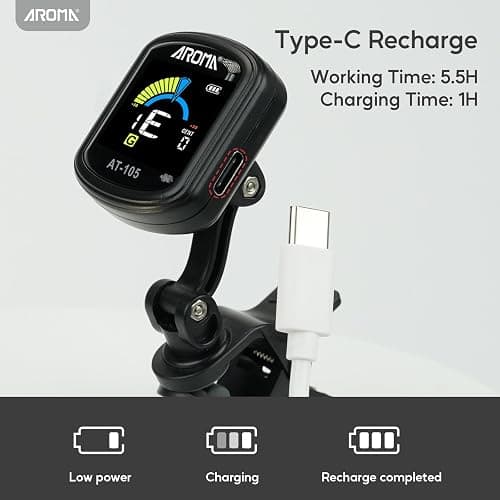 Aroma Guitar Tuner Clip On Rechargeable Chromatic Tuner for Guitar Bass Ukulele Violin Mandolin thumbnail 7