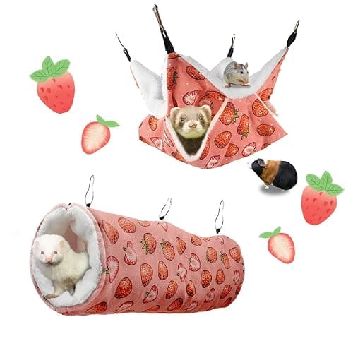 LYART Guinea Pig Rat Ferret Hammock and Warm Bed Small Pet Hideout Tunnel Cave Hanging Bunkbed Hammock Cage Toy for Hamster Sugar Glider Squirrel (3.Hammock & Tunnel) - Image 1