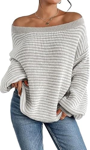 Women's Oversized Striped Sweater Casual Off The Shoulder Sweater Fall Long Sleeve Loose Knit Pullover Jumper Tops - Image 1