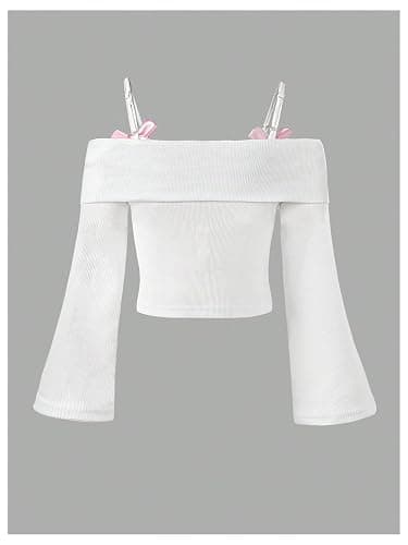 Verdusa Girl's Tops Off The Shoulder Long Sleeve T Shirt Ribbed Knit Cute Clothes for Girls 10-12 thumbnail 5