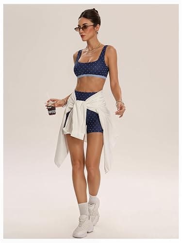 Milumia Women's Polka Dots Workout Set Layered Yoga Outfit with Shorts | Color Block,Two Piece,Bra Tank and Biker Shorts,Built In Bra,Activewear,Matching Set thumbnail 5