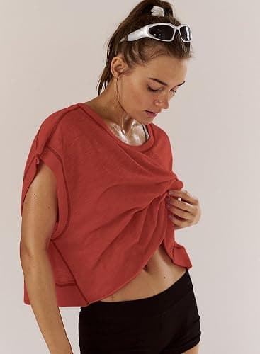 Kumufenc Women Short Sleeve Workout Shirts Open Back Tops Casual Yoga Y2k Athletic Gym Slouchy Crop Running Tees thumbnail 4