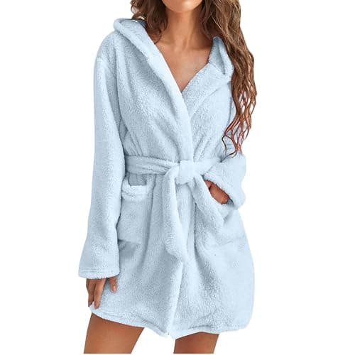 Womens Fuzzy Short Robe Hooded,Hood Soft Warm Spa Bathrobe,Short Plush Robe for Women with Pockets - Image 1