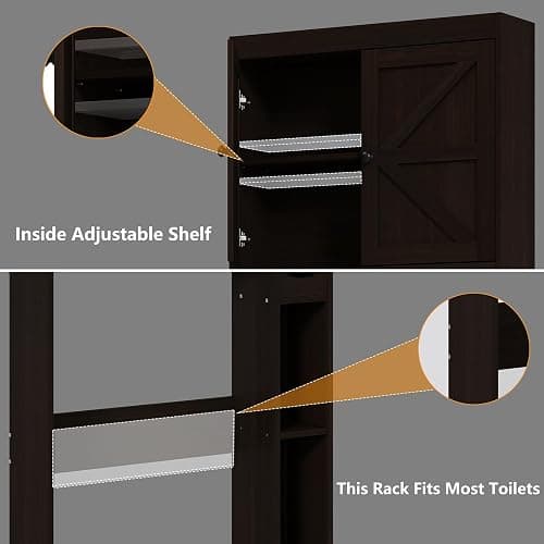 Furnideco 32.3''W Over The Toilet Storage Cabinet with Barn Doors, Over Toilet Shelf Farmhouse Storage Cabinet Space Saver with Toilet Paper Holder & Adjustable Bottom Bar, Espresso thumbnail 5