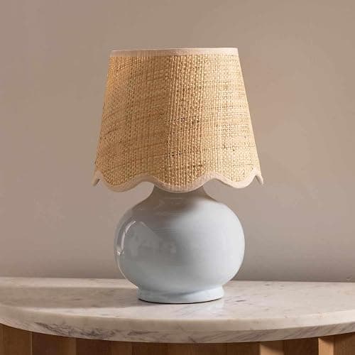 BoutiqueRugs Navarro Boho Ceramic Bedside Table Lamp for Bedroom Nightstand and Living Room - Shade Rattan - Blue, Beige - 13" H thumbnail 2