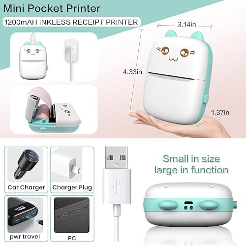 Mini Printer Portable, Inkless Sticker Printer with 8 Rolls Paper, Bluetooth Wireless mini Thermal Printer Compatible with iOS + Android for Journal, Memo, Photo, Print Pod Gifts for Girls Kids thumbnail 4