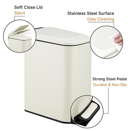 TIPGO Slim Bathroom Trash Can with Lid Soft Close, 6 Liter / 1.6 Gallon Stainless Steel Garbage with Removable Inner Bucket, Small Trash Bins for Bedroom, Office (Cream) thumbnail 2