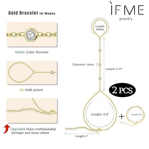 ÌF ME Hand Chain Bracelet Set 14K Gold Plated Durable Gold Bracelets for Women Adjustable Finger Bracelet Hand Jewelry with Extender Perfect for Everyday Wear Ring Bracelet Hand thumbnail 2