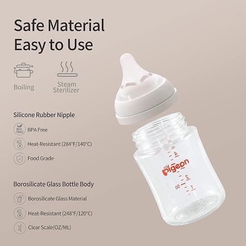 Pigeon Glass Nursing Baby Bottle Wide Neck(Pack of 4), Streamlined Body, Natural Feel, Easy to Clean, Heat-Resistant, 5.4Oz and 8.1 Oz thumbnail 9