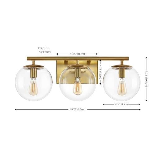SAFAVIEH Lighting Collection Charlene Brass/Clear Glass Globe Shade 3-Light Wall Sconce Light Fixture, Ideal for Bathroom, Entryway, Vanity Over Mirror, Foyer, Living Room (LED Bulbs Included) - Brass thumbnail 2