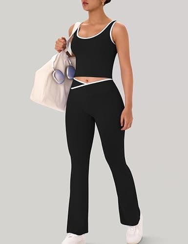 OLCHEE Womens Workout Sets 2 Piece Gym Yoga Outfits Crossover Flare Leggings Crop Tank Top with Contrast Trim thumbnail 4