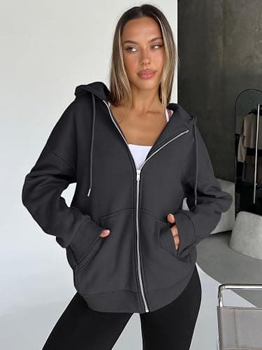 Trendy Queen Womens Zip Up Hoodies Oversized Sweatshirts Fall School Fashion Outfits Casual Jackets 2025 Winter Clothes thumbnail 3