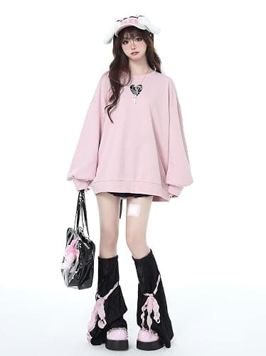 OATSBAS Women's Cute Sweatshirts Love Heart Print Y2K Bow Tie Lace Up Cute Loose Casual Long Sleeve Top thumbnail 7