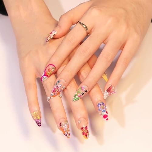 24pcs Colorful Flower Press on Nails Medium Almond Fake Nails with 3D Summer Floral Butterfly Rhinestone Design Glue on Nails French Tip False Nails Gold Beads Acrylic Nails Stick on Nails for Women thumbnail 4