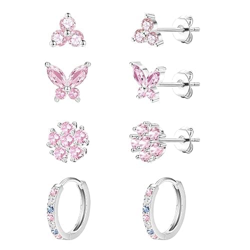 20G Gold Studs Earrings for Women,14K Gold Plated Hypoallergenic Butterfly Earrings for Girls,4 Pairs Flower/Butterfly/Cubic Zirconia Cute Earring and Trendy Huggie Hoop Dainty Multipack Earring Sets - Image 1