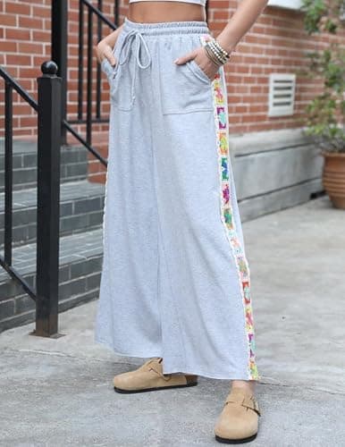 Fenclushy Womens Wide Leg Pants Stretch Casual Drawstring Waist Loose Lounge Sweatpants Crochet Panel Pant with Pocket thumbnail 6